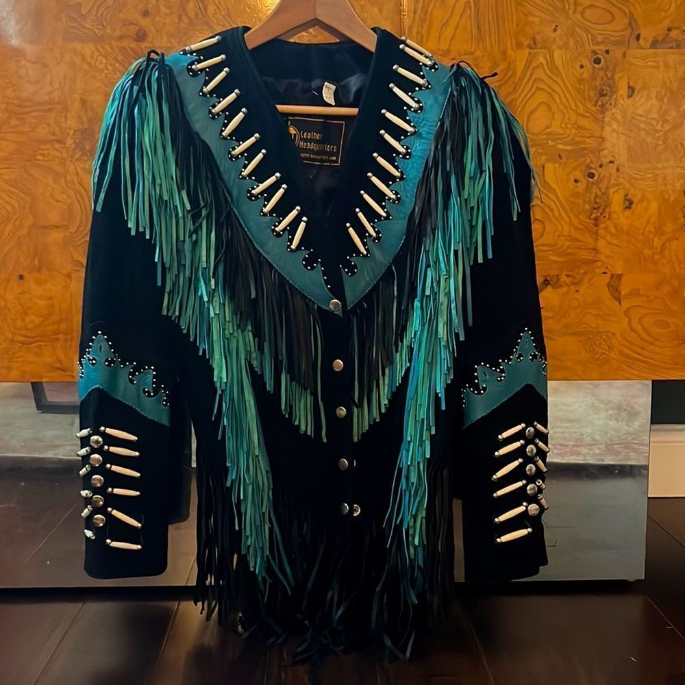 Vintage leather headquarters black tassel jacket. Women’s medium
